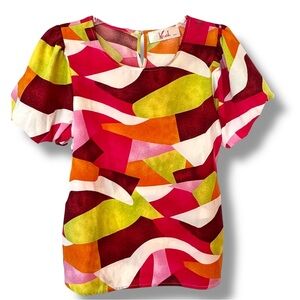 KRUSH Size Small Vibrant Abstract Geometric Print Puff Sleeve Top NWOT